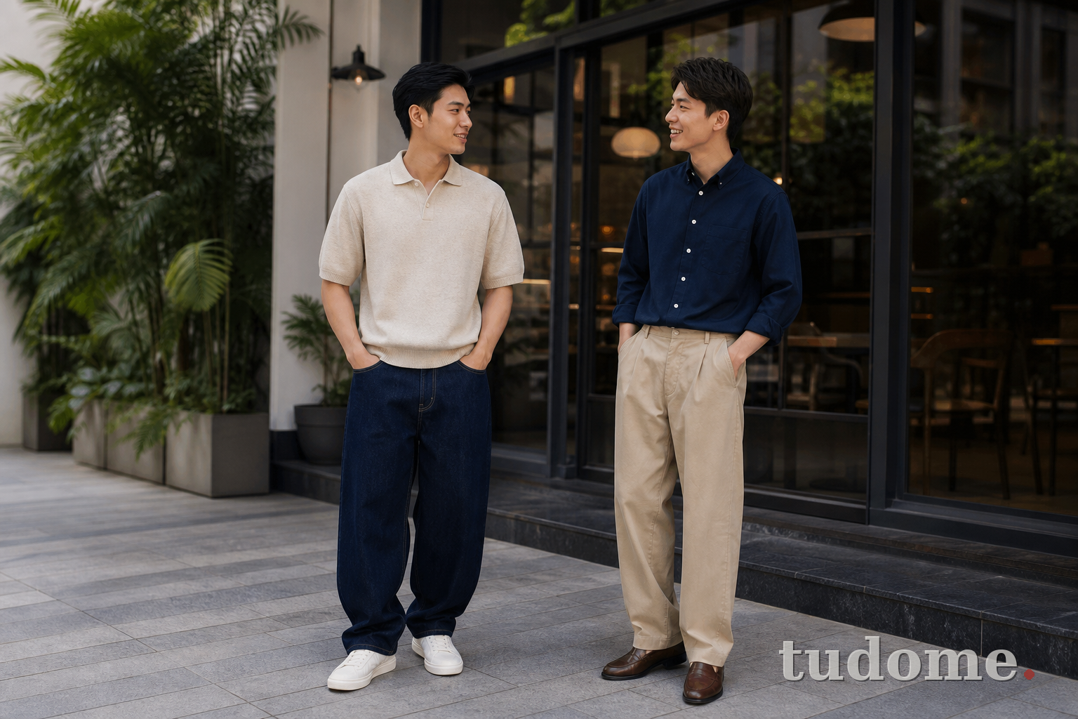Quần baggy nam phối áo polo dệt kim và sơ mi navy