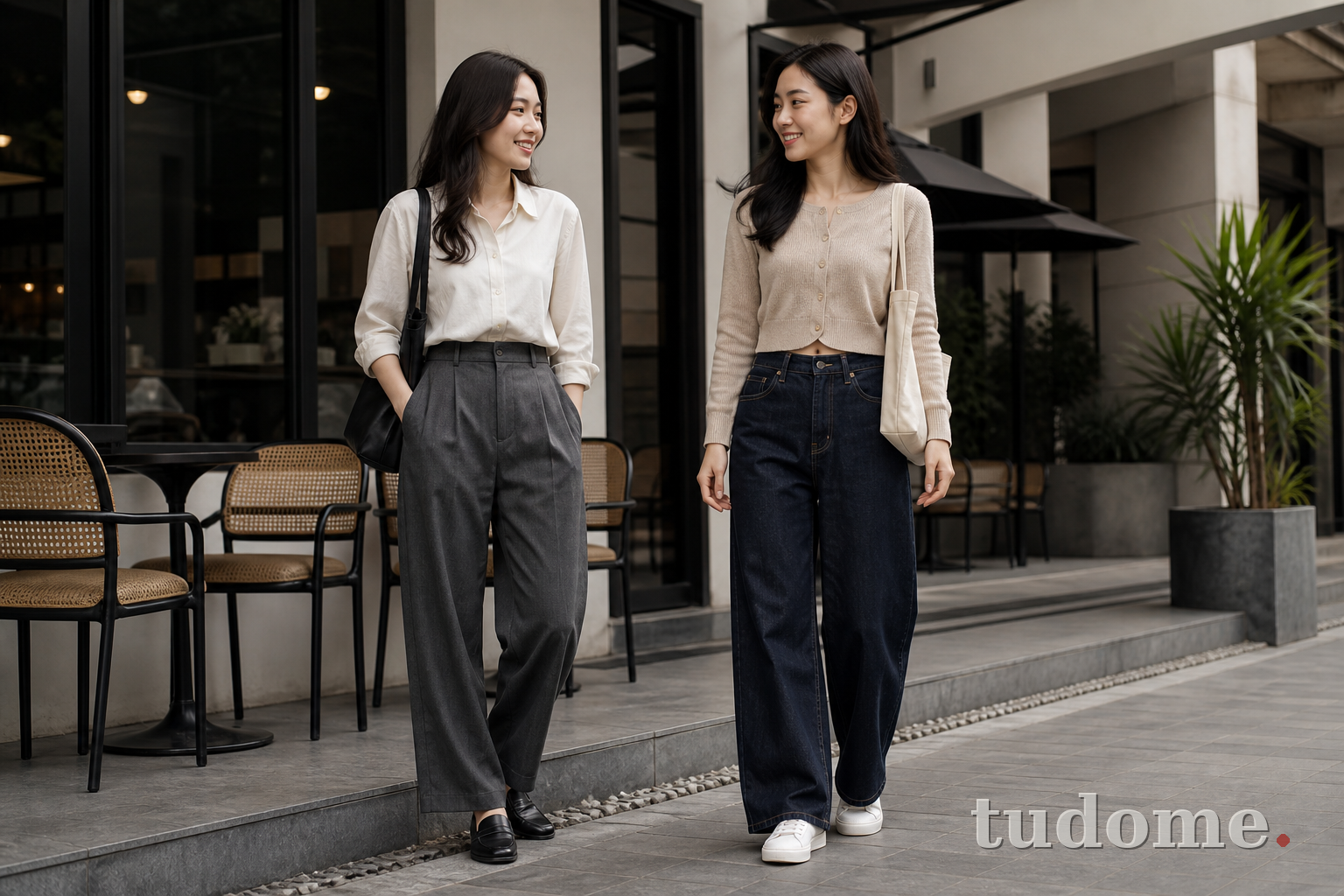Phối quần baggy nữ với áo sơ mi đi làm và cardigan đi chơi