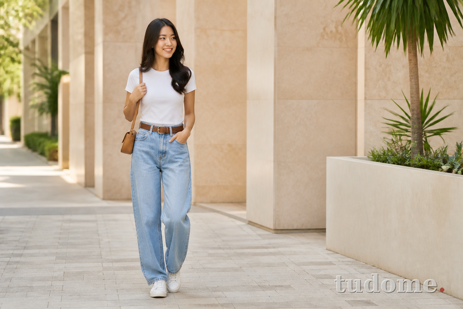 Quần baggy nữ cạp cao phối áo thun trắng và sneaker