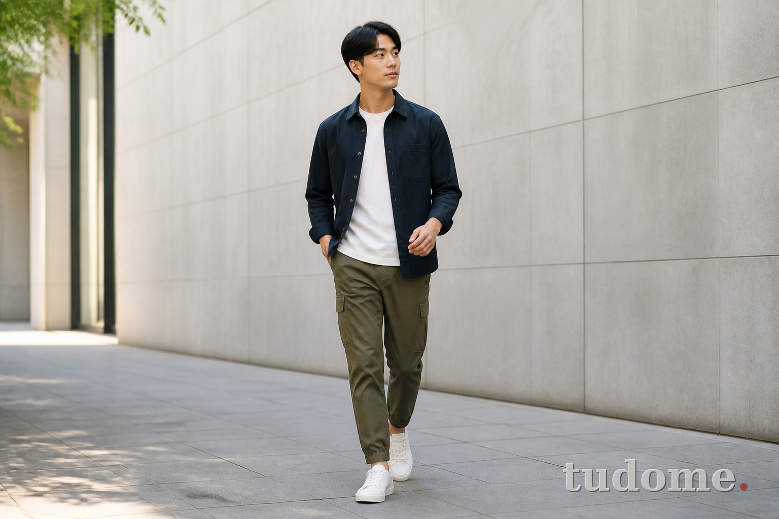 Quần cargo nam olive phối áo thun trắng và overshirt navy