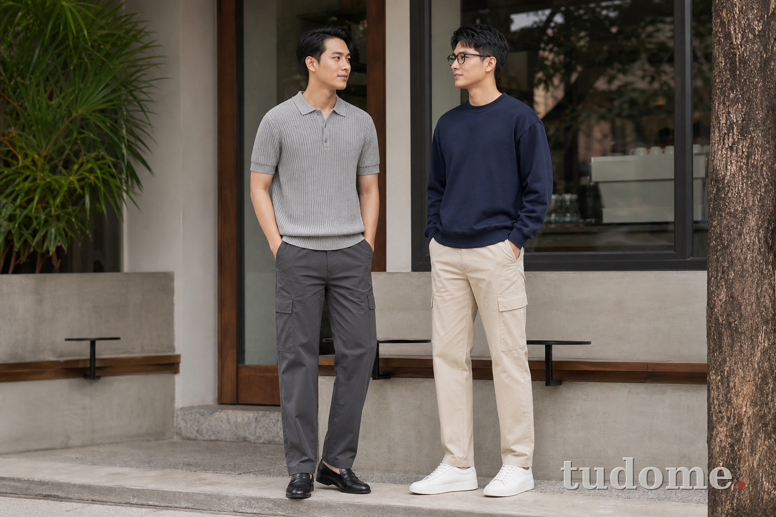Quần cargo nam phối polo dệt kim và sweatshirt