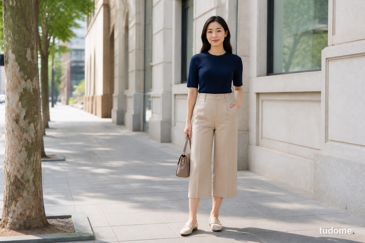 Nữ mặc quần culottes be với áo len xanh navy