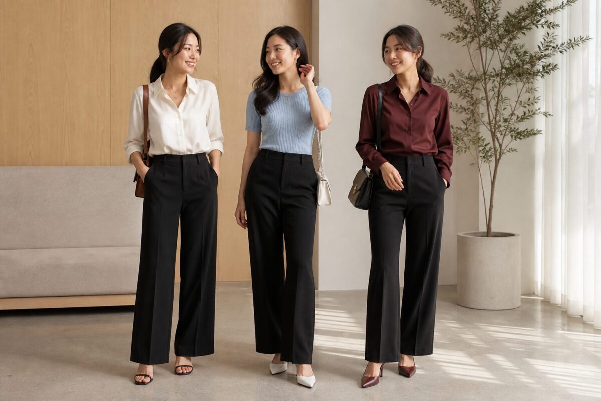 Ba phụ nữ Việt phối quần đen với áo trắng, xanh nhạt và đỏ rượu