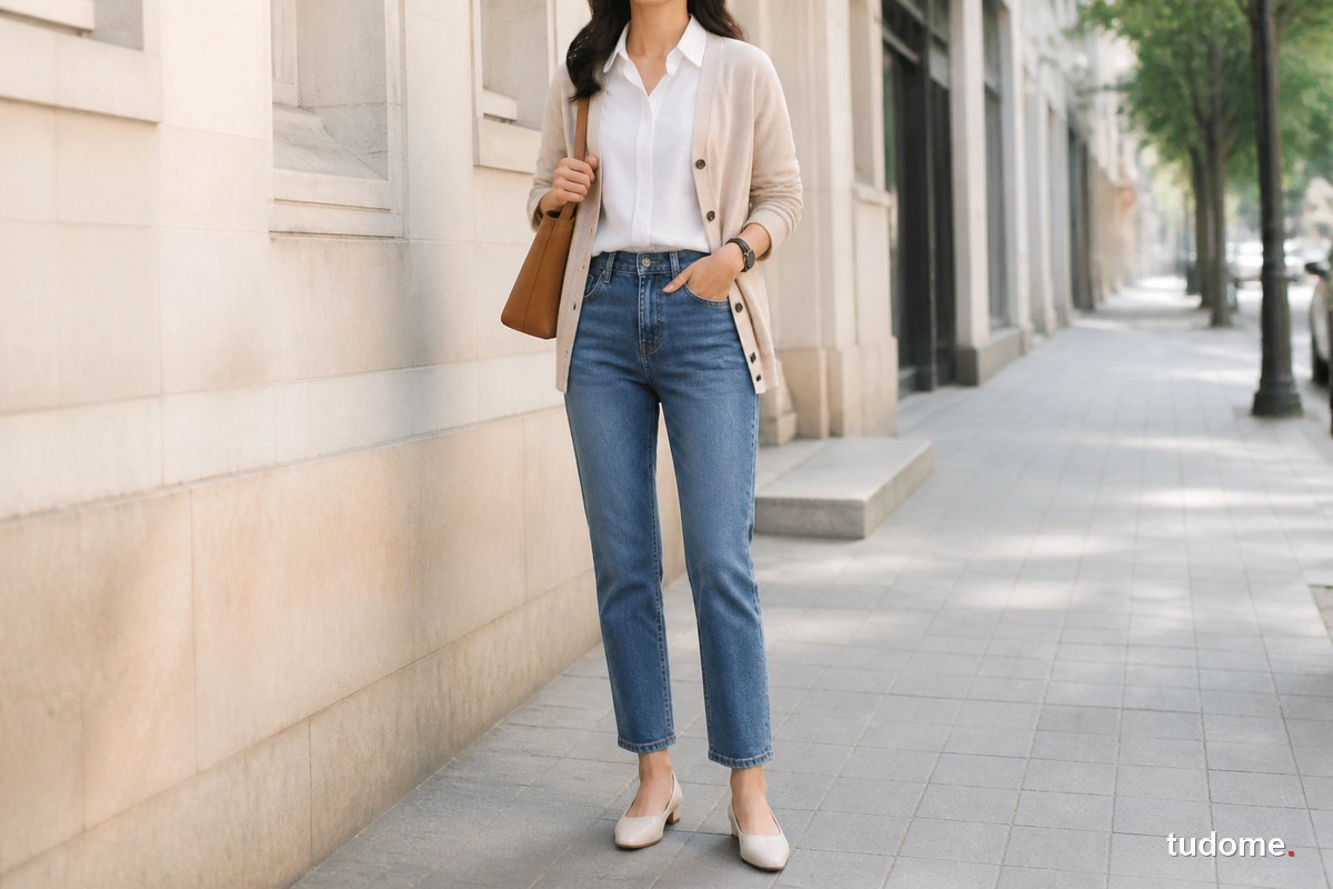 Nữ mặc quần jean ống đứng với áo sơ mi trắng và cardigan
