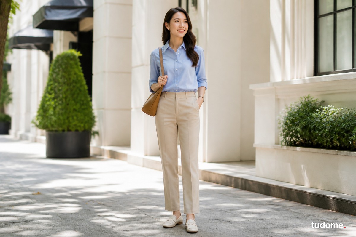 Nữ mặc quần kaki be với sơ mi xanh