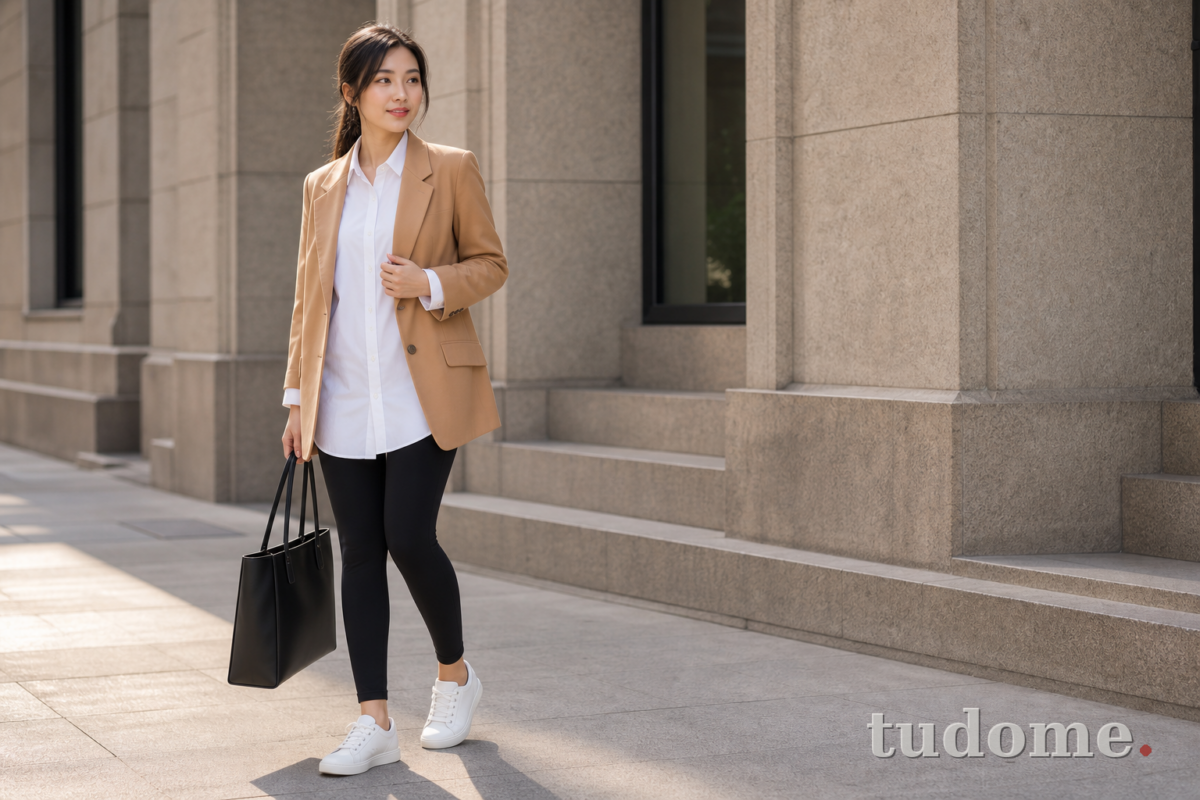 Quần legging nữ đen phối sơ mi trắng dài và blazer camel