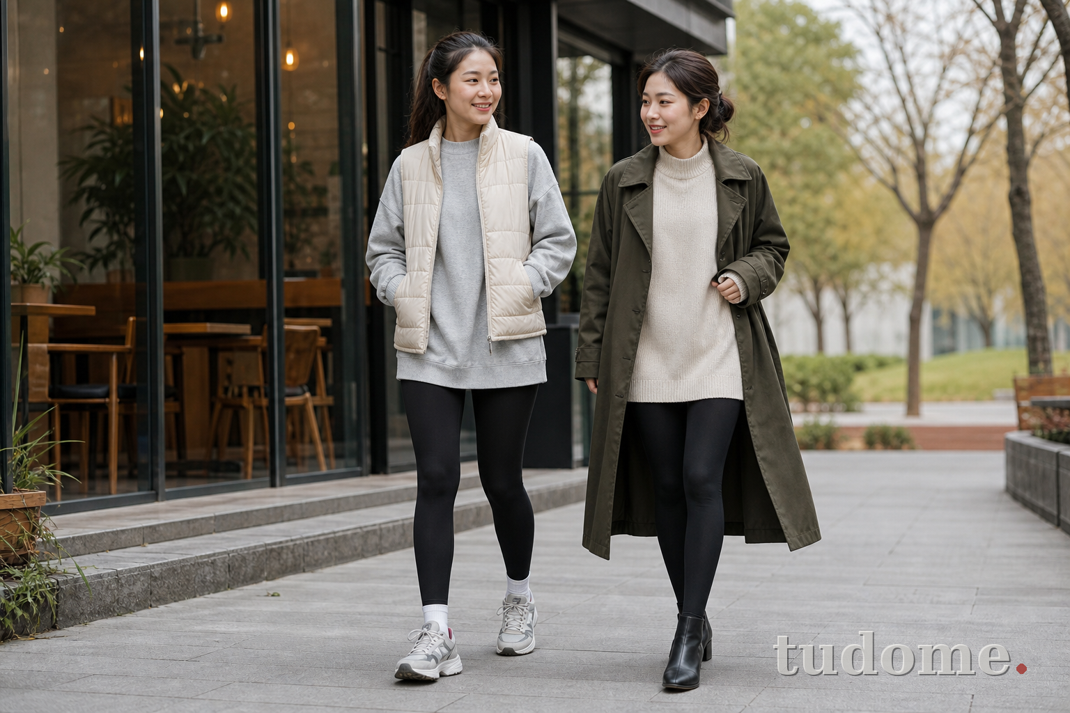 Phối quần legging nữ với sweatshirt và áo len dáng dài