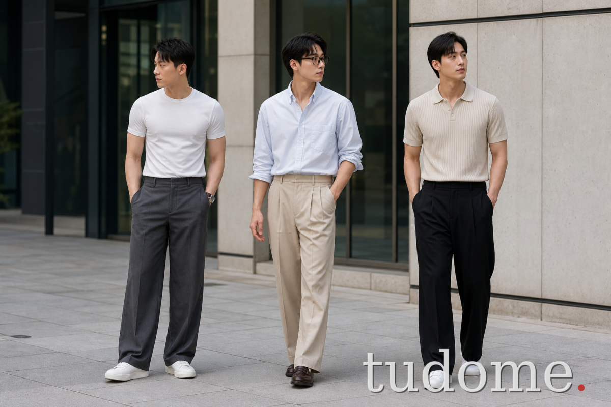 Ba cách phối quần ống rộng nam với áo thun, sơ mi và polo dệt kim