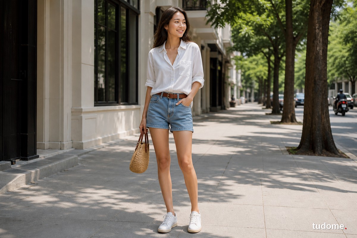 Nữ mặc quần short jean với sơ mi trắng và giày thể thao