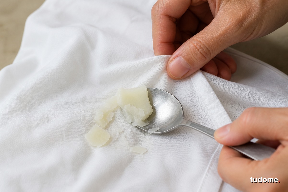 Dùng thìa cùn gỡ sáp nến đã cứng khỏi vải trắng