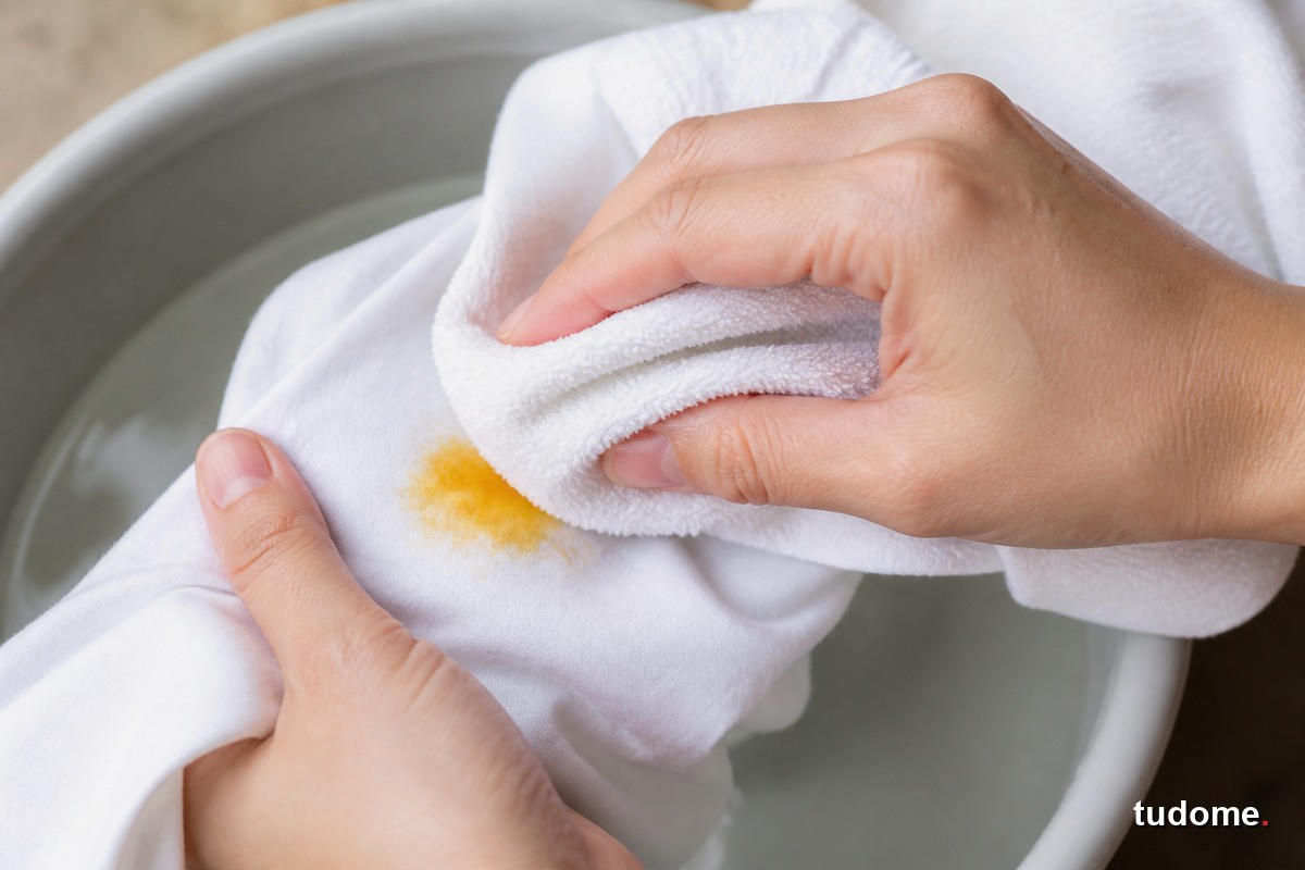 Dùng khăn trắng thấm nhẹ vết nghệ trên vải trắng