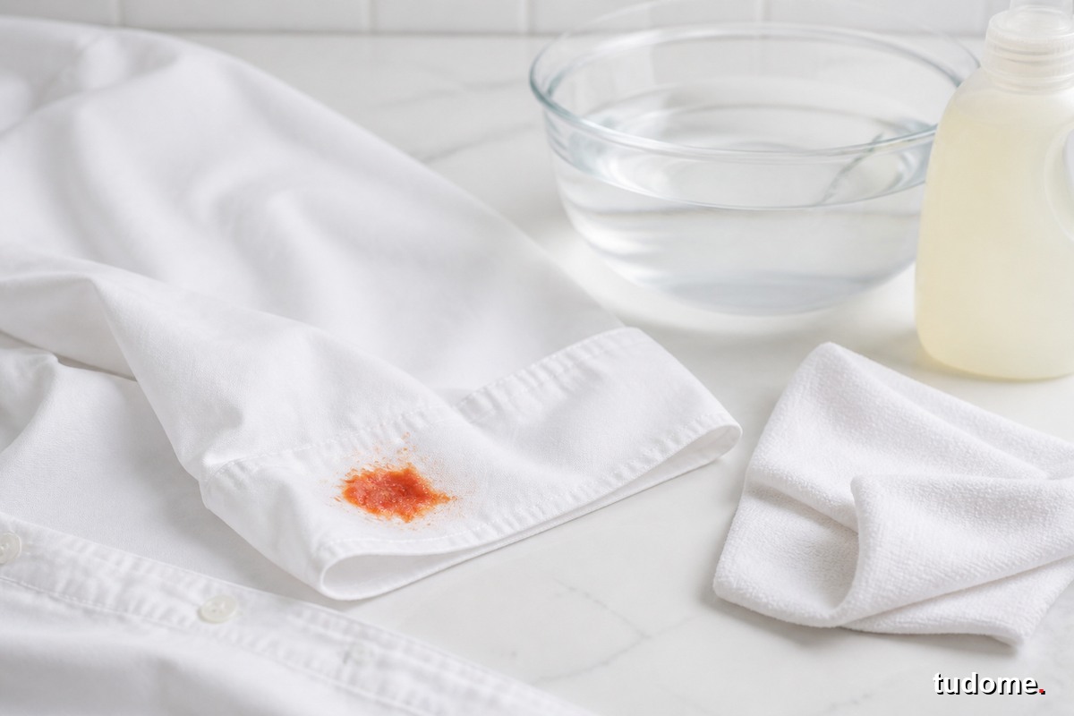 Áo cotton trắng có vết sốt cà chua cạnh dụng cụ giặt
