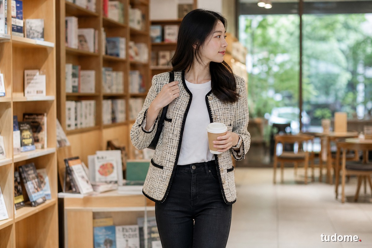 Phụ nữ mặc áo khoác tweed với áo thun trắng và quần jean đen
