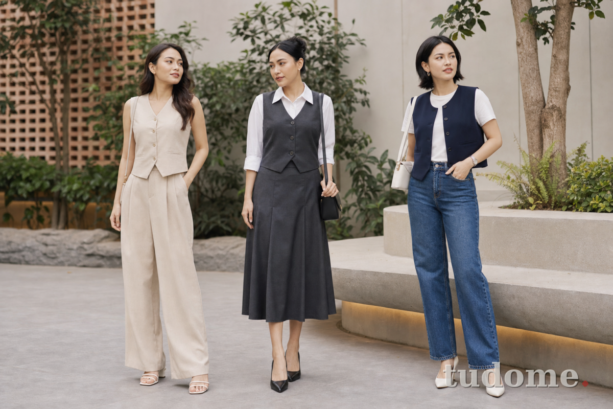 Ba cách phối áo gile nữ với quần tây, chân váy và quần jean