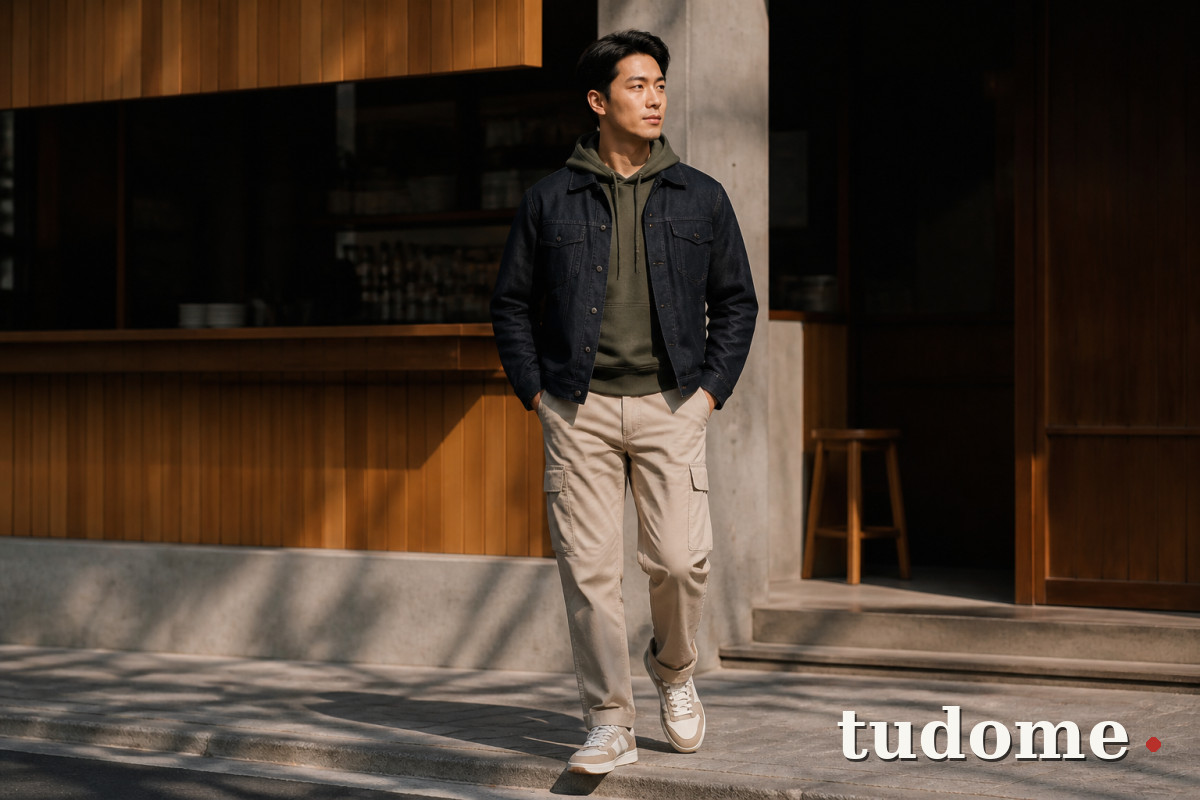 Hoodie nam layer áo khoác jean và quần cargo