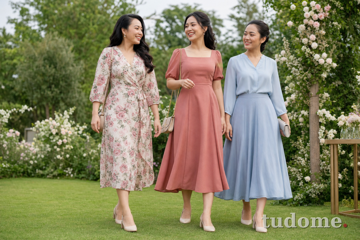 Ba mẫu váy nữ thanh lịch đi đám cưới sân vườn