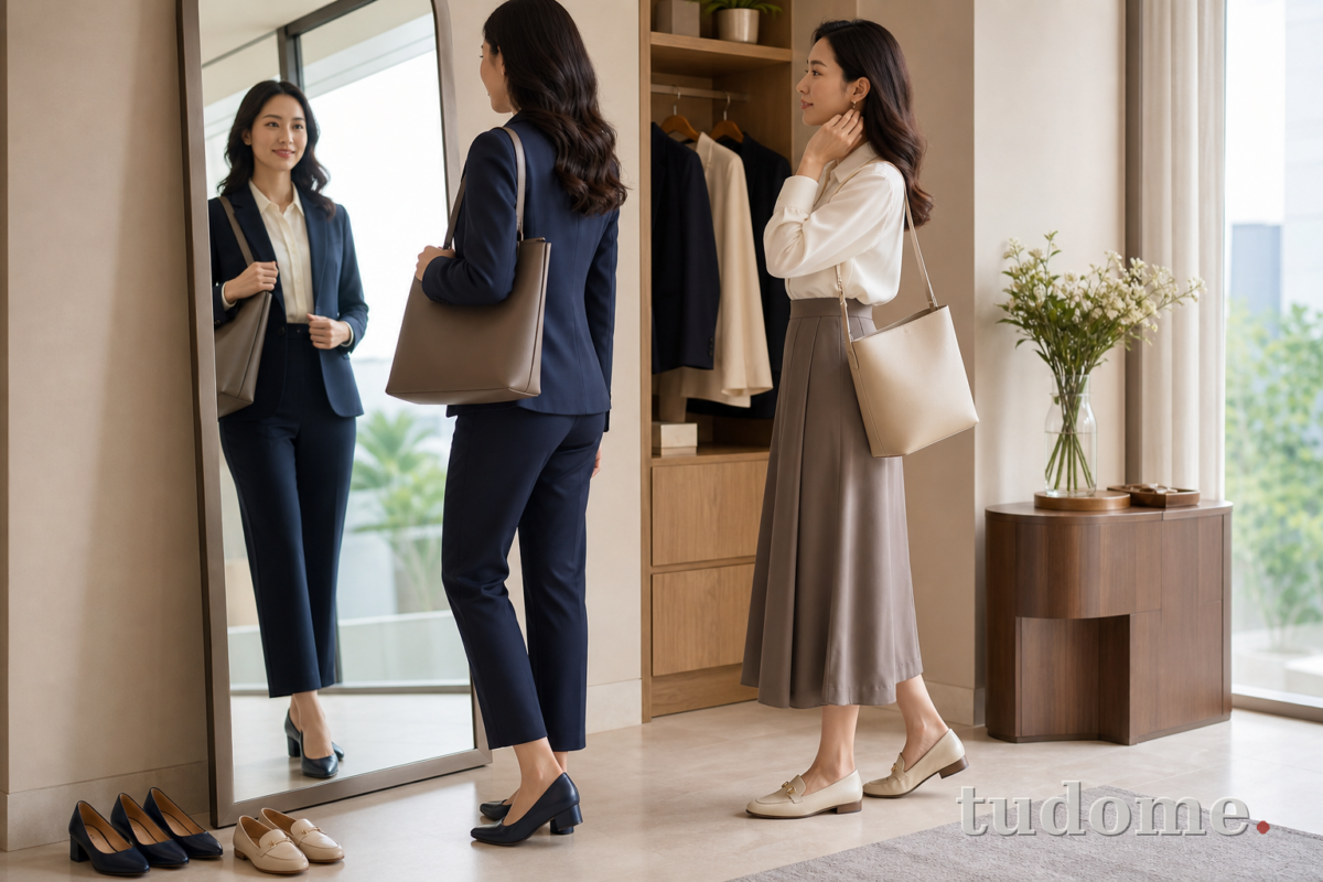 Giày, túi và trang phục nữ chuẩn bị đi phỏng vấn