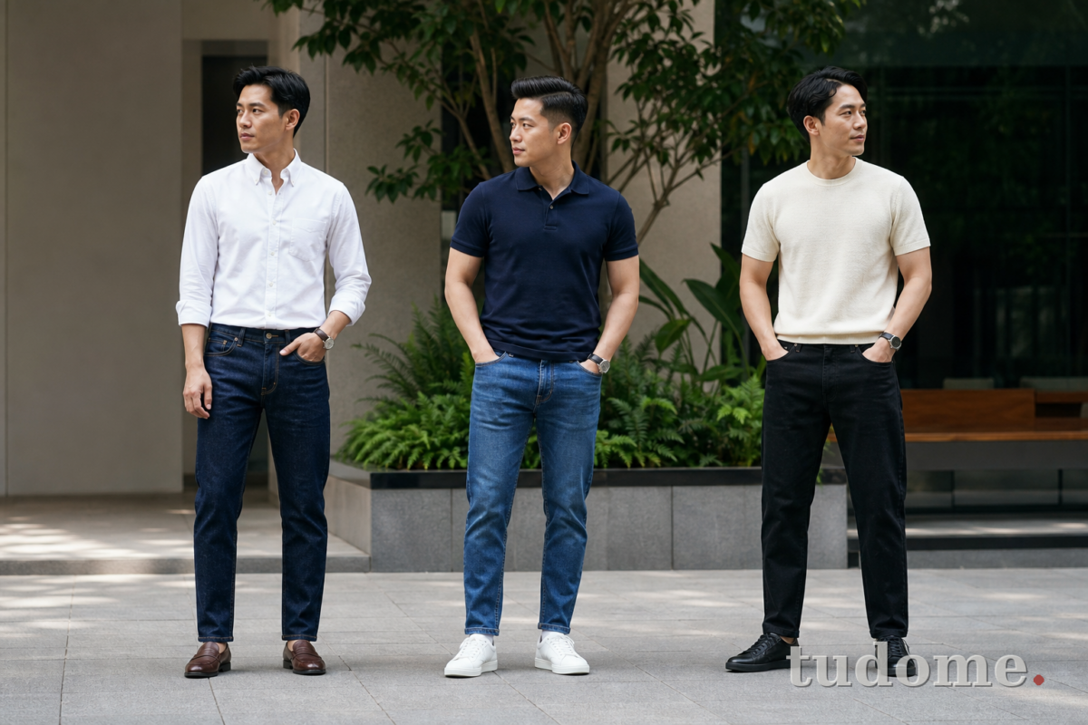 Ba cách phối quần jean nam với sơ mi, polo và áo dệt kim