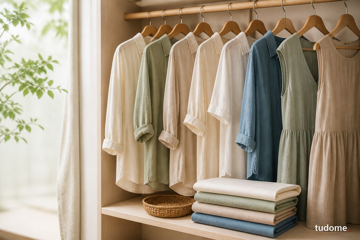 Áo và vải bamboo được treo gọn trong tủ đồ sáng màu