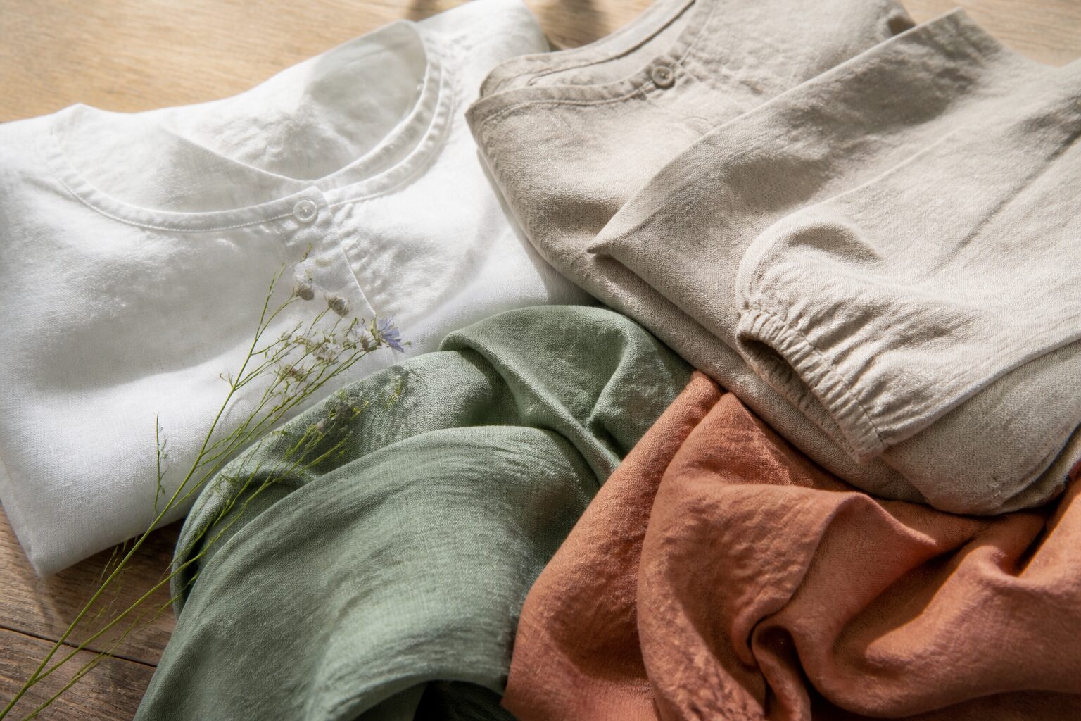 Các trang phục vải linen màu trắng, oatmeal, xanh và cam đất