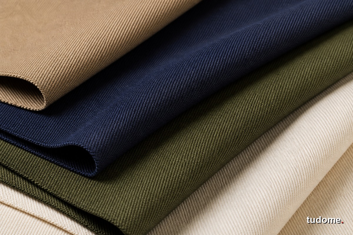 Các mẫu vải twill màu be, xanh navy và olive có vân chéo