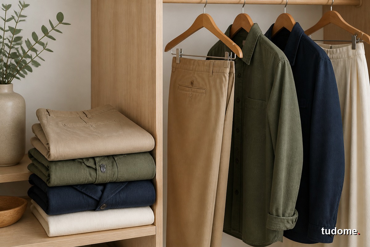 Quần chinos và áo khoác làm từ vải dệt twill trong tủ đồ