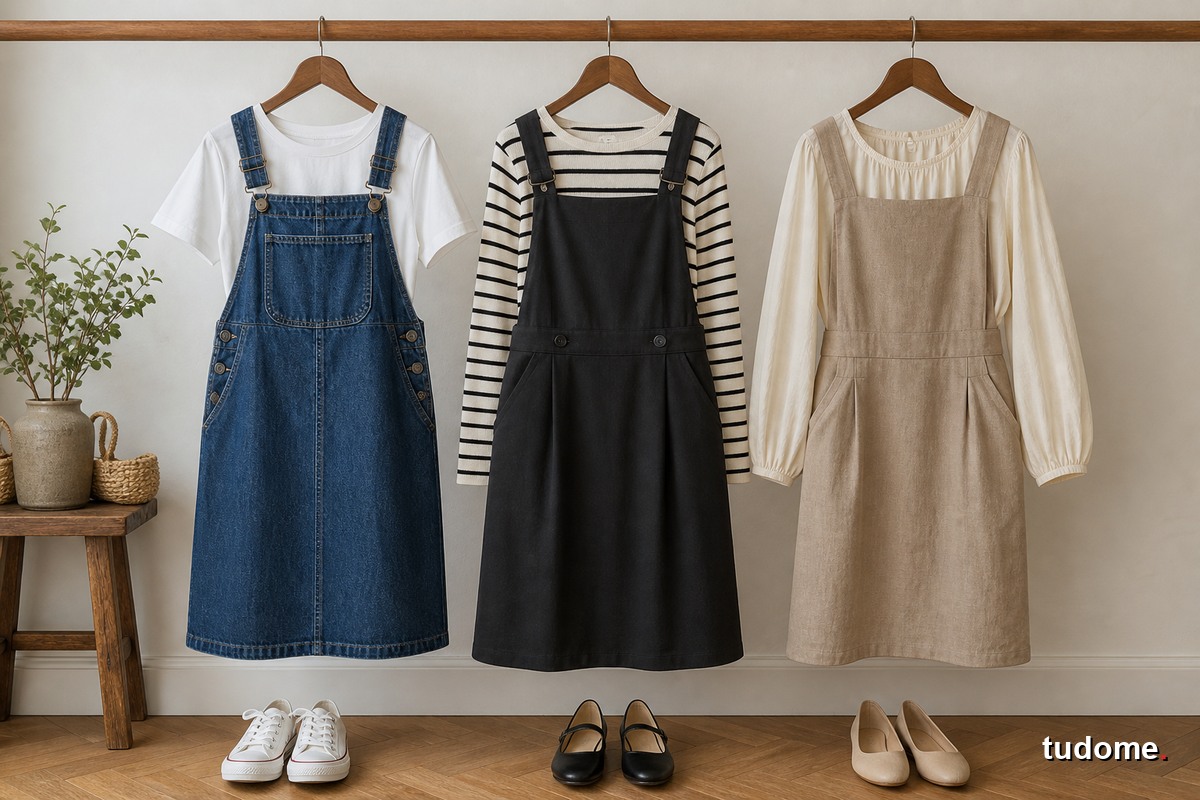 Ba bộ váy yếm phối với áo thun, áo kẻ và blouse