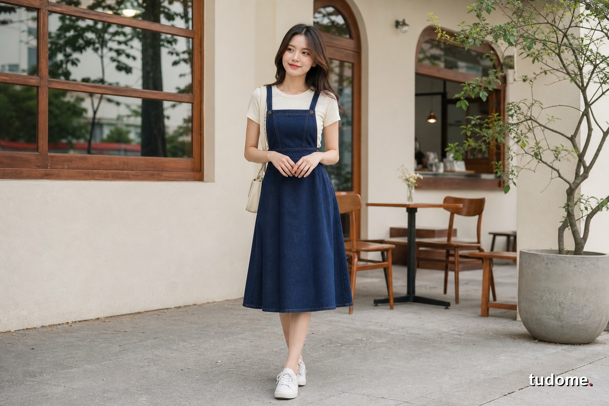 Người phụ nữ mặc váy yếm denim xanh cùng áo thun kem