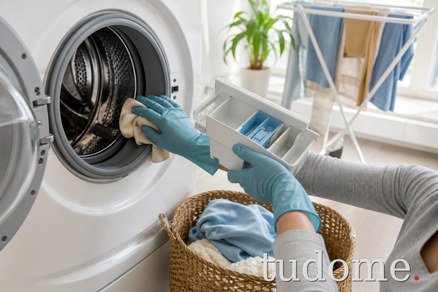 Vệ sinh gioăng cửa và ngăn nước giặt để hạn chế mùi ẩm trên quần áo