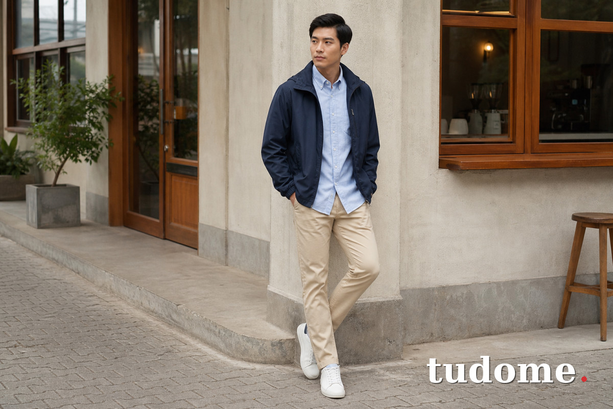 Áo khoác gió nam navy phối sơ mi và quần chinos