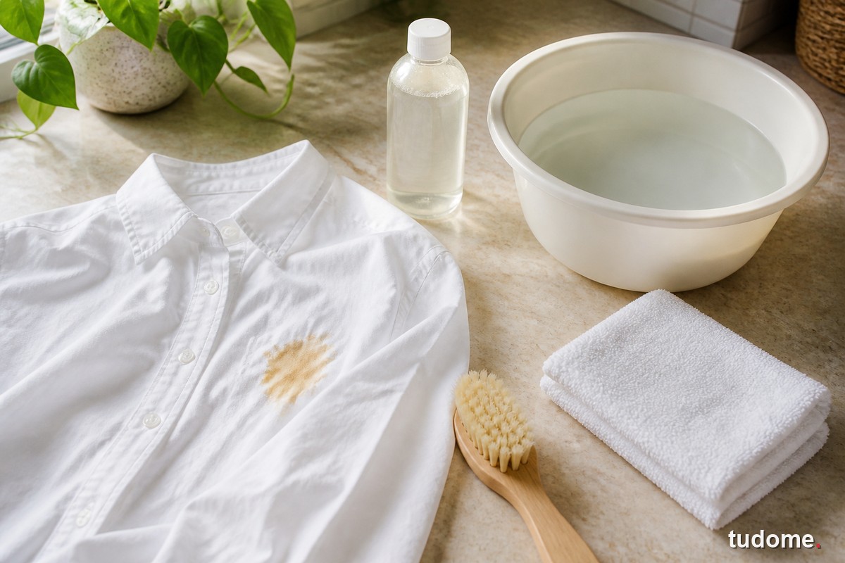 Áo trắng, nước giặt, khăn sạch và chậu nước để xử lý vết bẩn