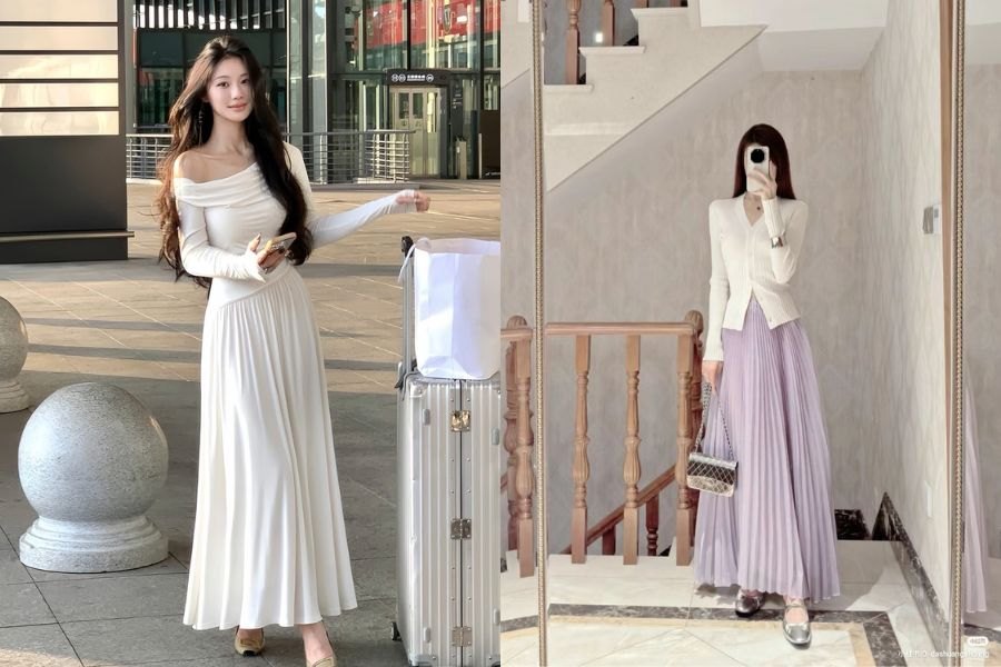 Hai kiểu phối áo len trắng với chân váy dài: áo sơ mi trắng kết hợp chân váy xếp ly và áo cardigan trắng với…