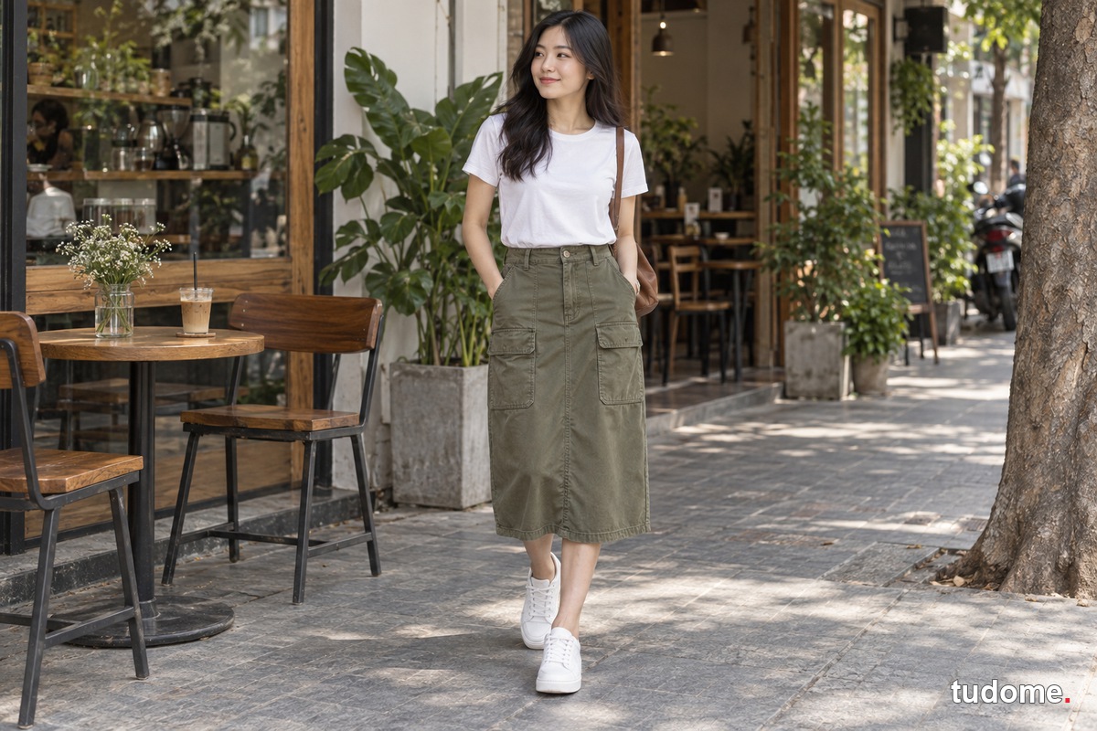 Phụ nữ mặc chân váy cargo olive cùng áo thun trắng và sneaker