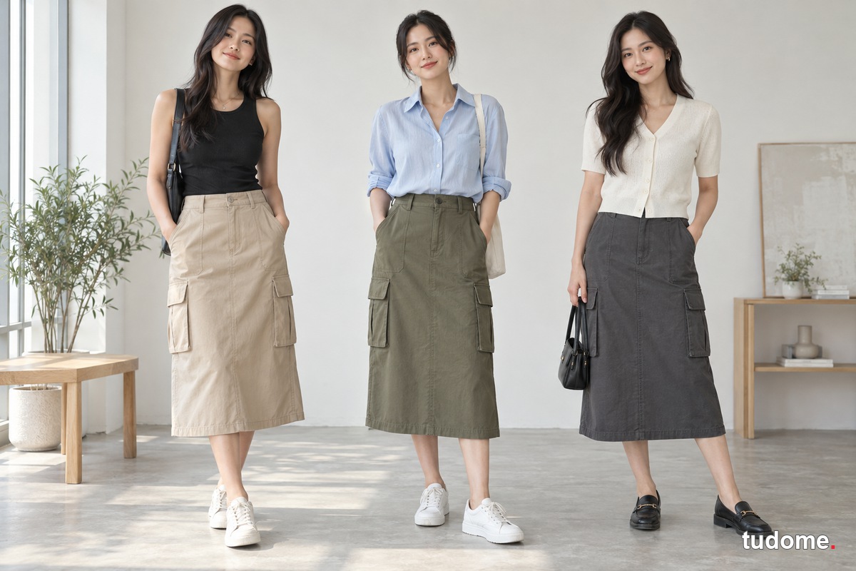 Ba cách phối chân váy cargo với tank top đen, sơ mi xanh và cardigan kem