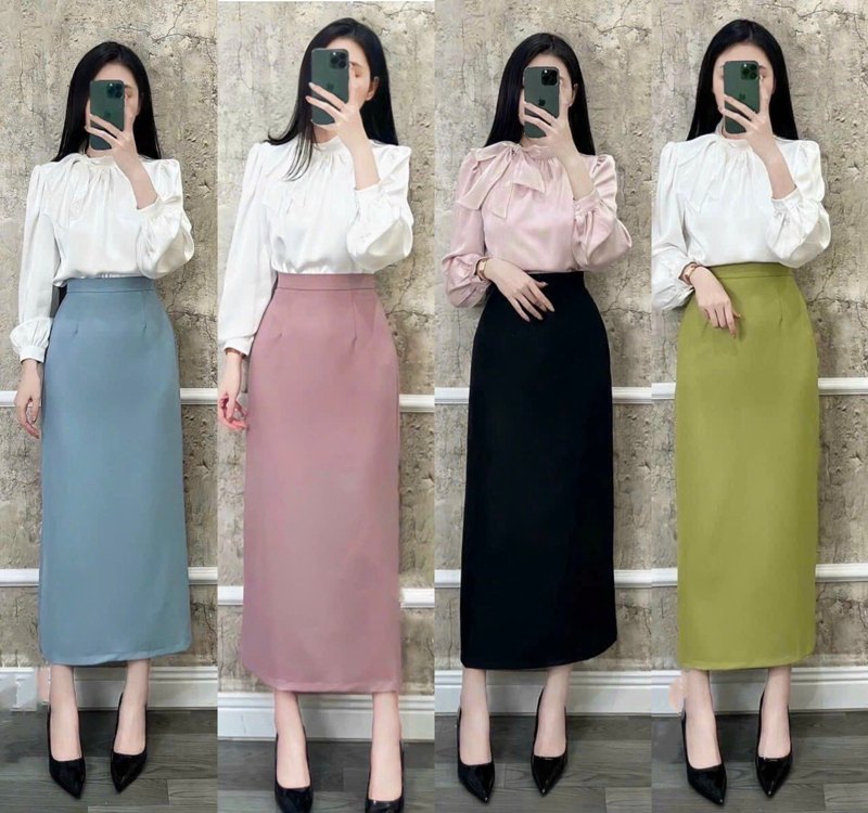 Bốn cô gái mặc áo blouse trắng kết hợp với chân váy chữ A dài màu xanh, hồng, đen, vàng olive, đi giày cao gót…